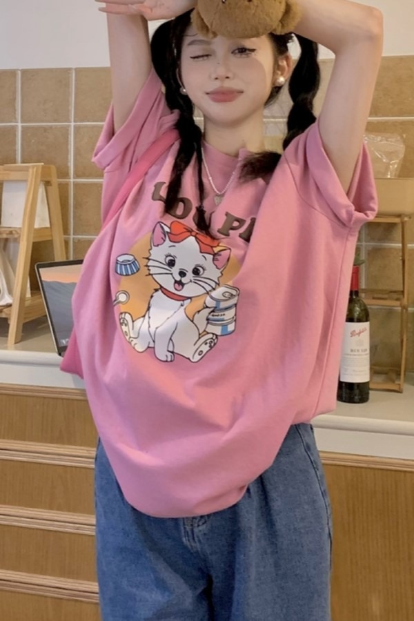 어바 귀요미 고양이 라운드넥 반팔 루즈핏 티셔츠