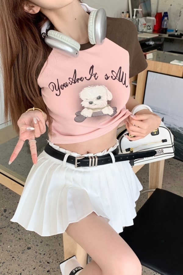 헤브 컬러 매칭 반팔 강아지 라운드넥 티셔츠