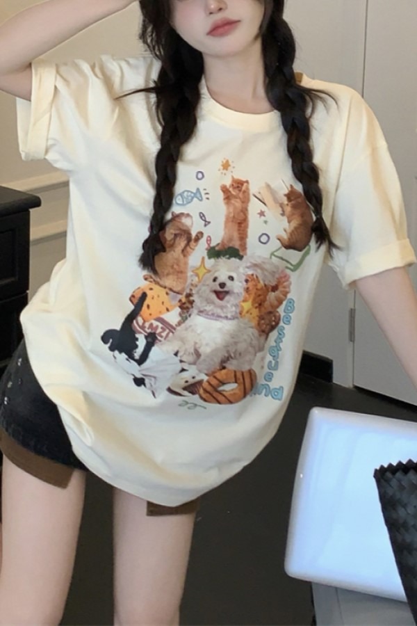 ♥당일출고♥ 메이 강아지 프린팅 라운드넥 반팔 루즈핏 티셔츠