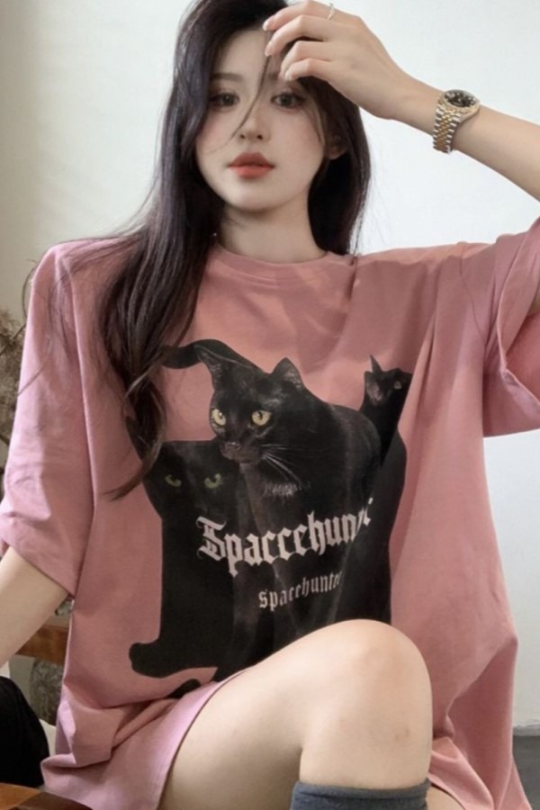 ♥당일출고♥ 틴저 고양이 프린팅 라운드넥 반팔 오버핏 티셔츠