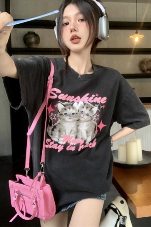 제인 고양이 프린팅 라운드넥 반팔 루즈핏 티셔츠