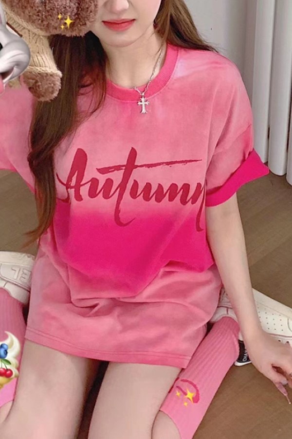 로우 핑크 그라데이션 라운드넥 반팔 루즈핏 티셔츠