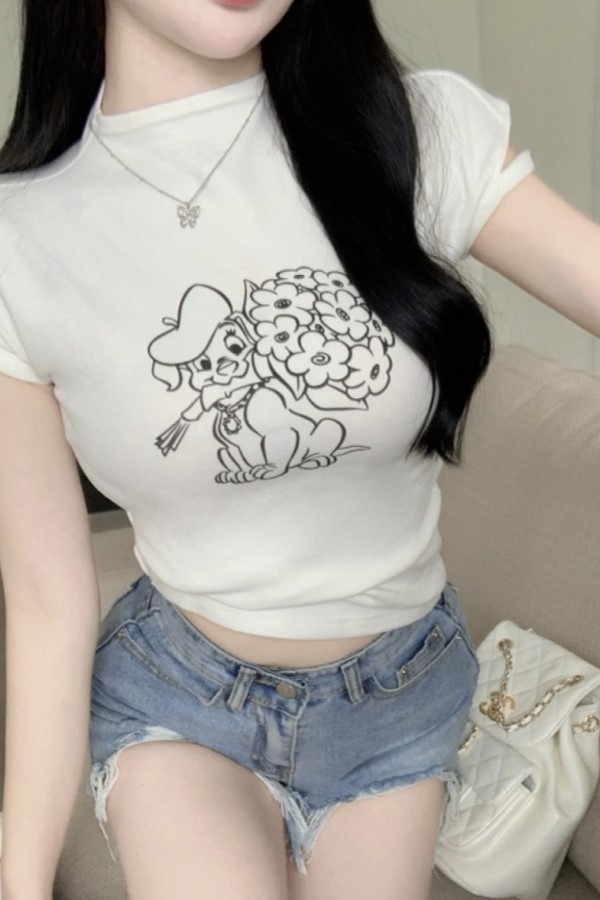 꽃다발 배달 강아지 라운드넥 반팔 크롭 티셔츠