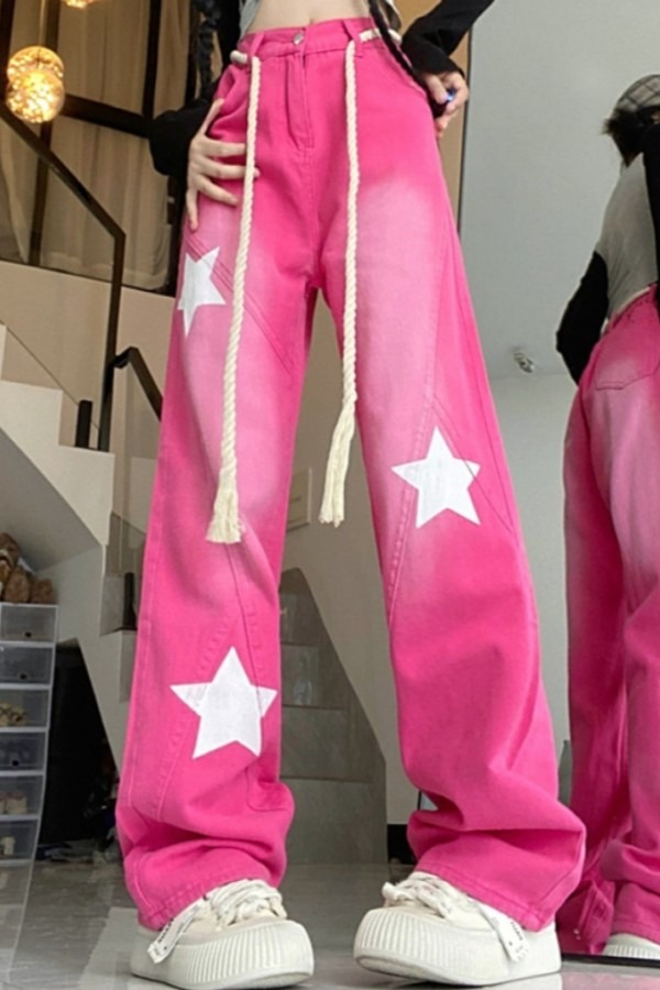 루나 핑크 스타 디자인 하이웨스트 데님 와이드 팬츠