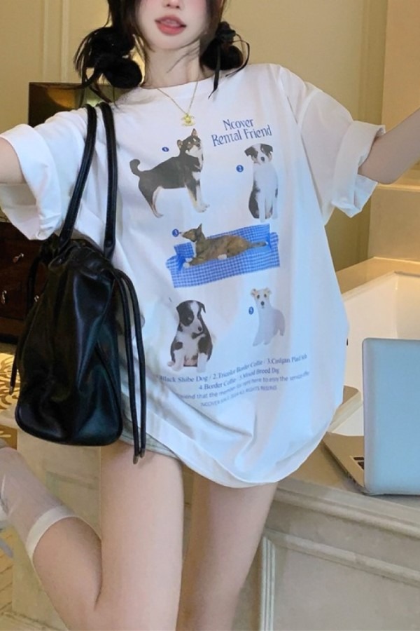 라유 강아지 프린팅 라운드넥 반팔 루즈핏 티셔츠