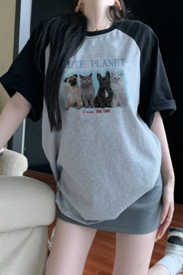 멜랑 고양이 강아지 라운드넥 라글란 반팔 루즈핏 티셔츠