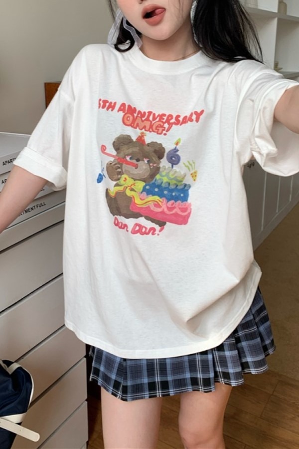 티즈 곰 프린팅 라운드넥 반팔 루즈핏 티셔츠