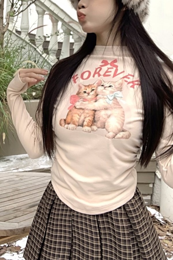 고양이 커플 하프넥 긴팔 워커 사이드 셔링 슬리밍 티셔츠