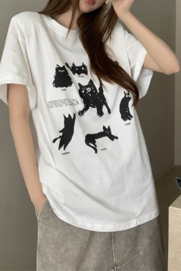 세리 고양이 프린팅 라운드넥 반팔 루즈핏 티셔츠