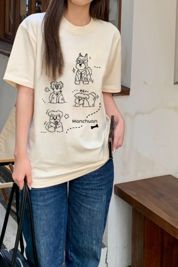 디바 강아지 낙서 라운드넥 반팔 루즈핏 티셔츠