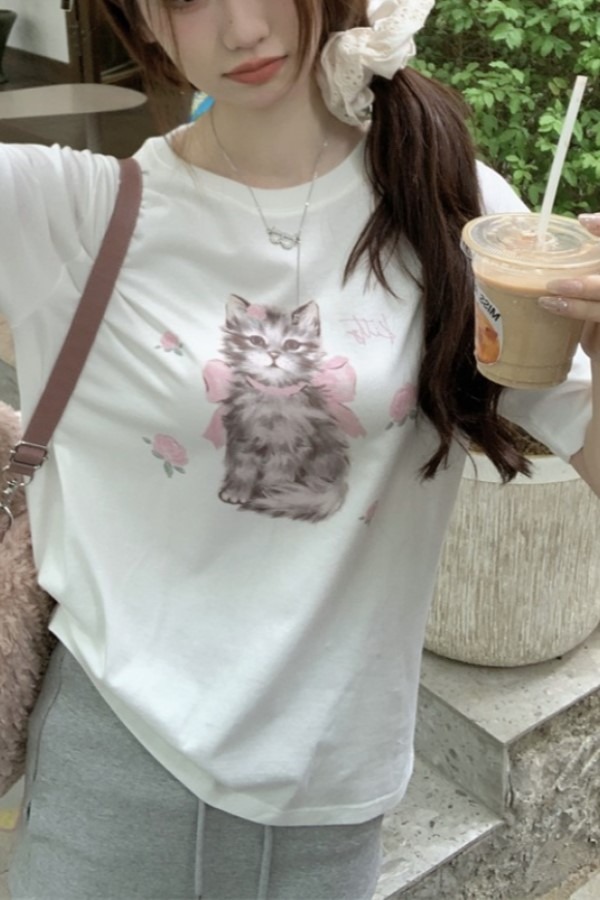 앤아더 고양이 프린팅 라운드넥 반팔 루즈핏 티셔츠